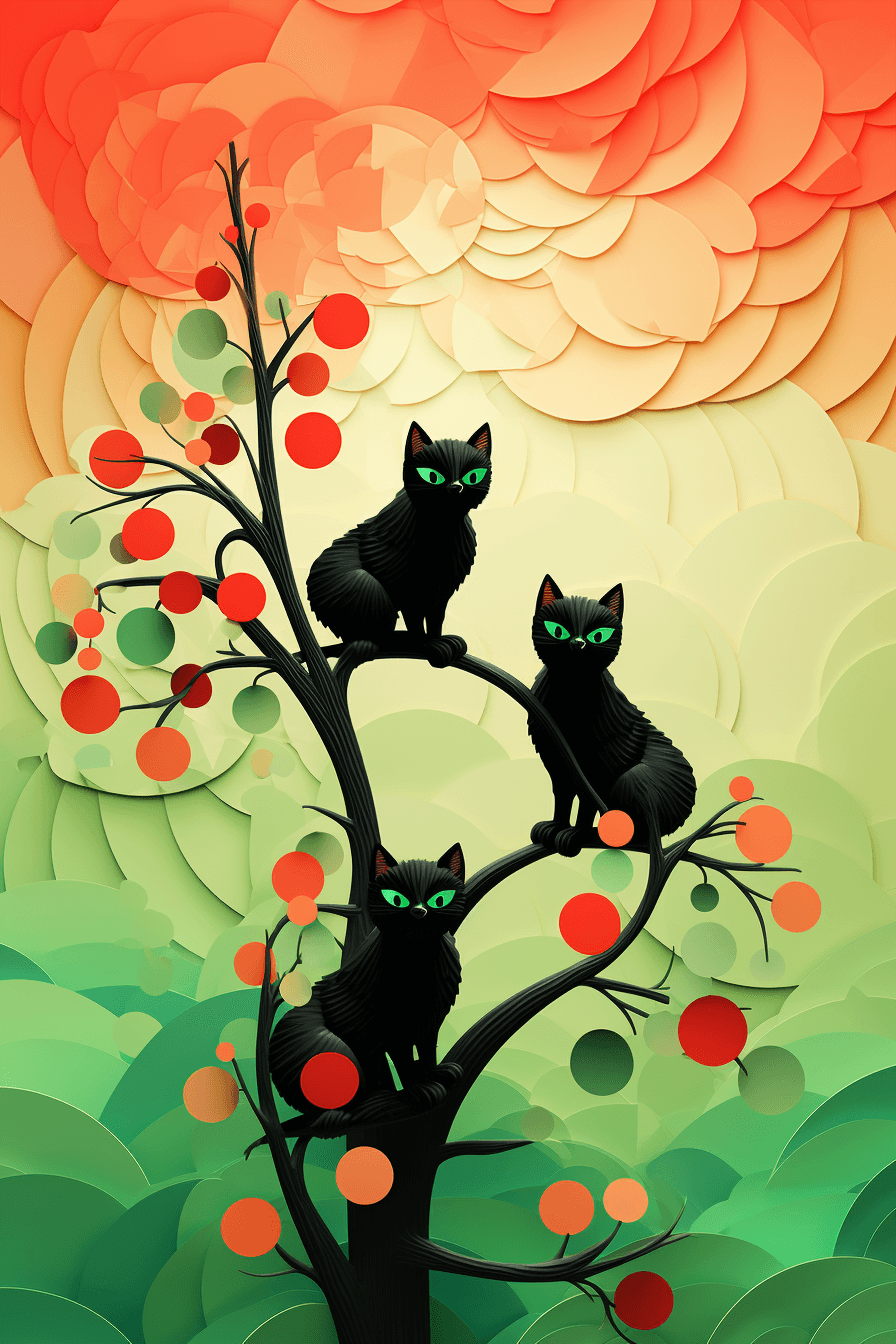 AI generated: Three playful kittens have a red ball at the top of a green tree, in the style of Tyrus Wong, cheerf...