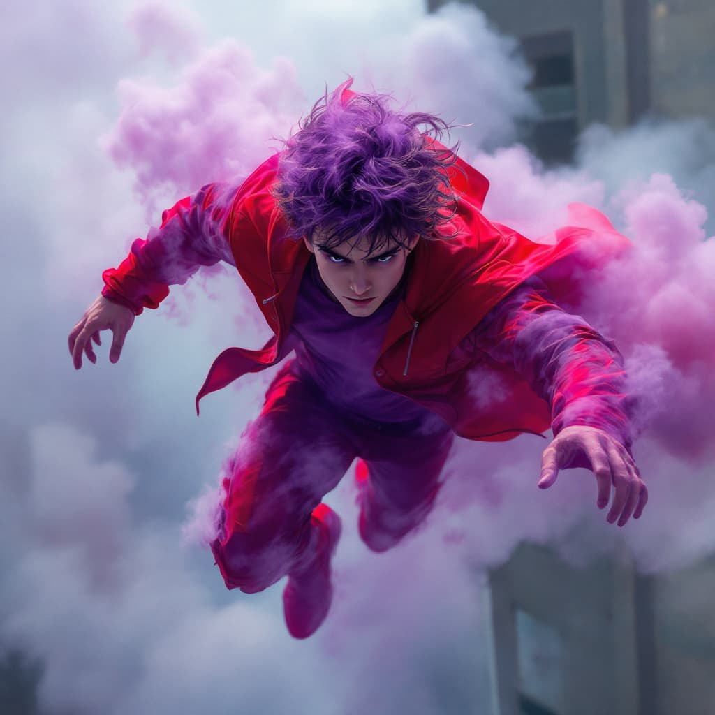 AI generated: superhuman young boy artistic rendering in red and purple, flying above a building with smoke and pa...