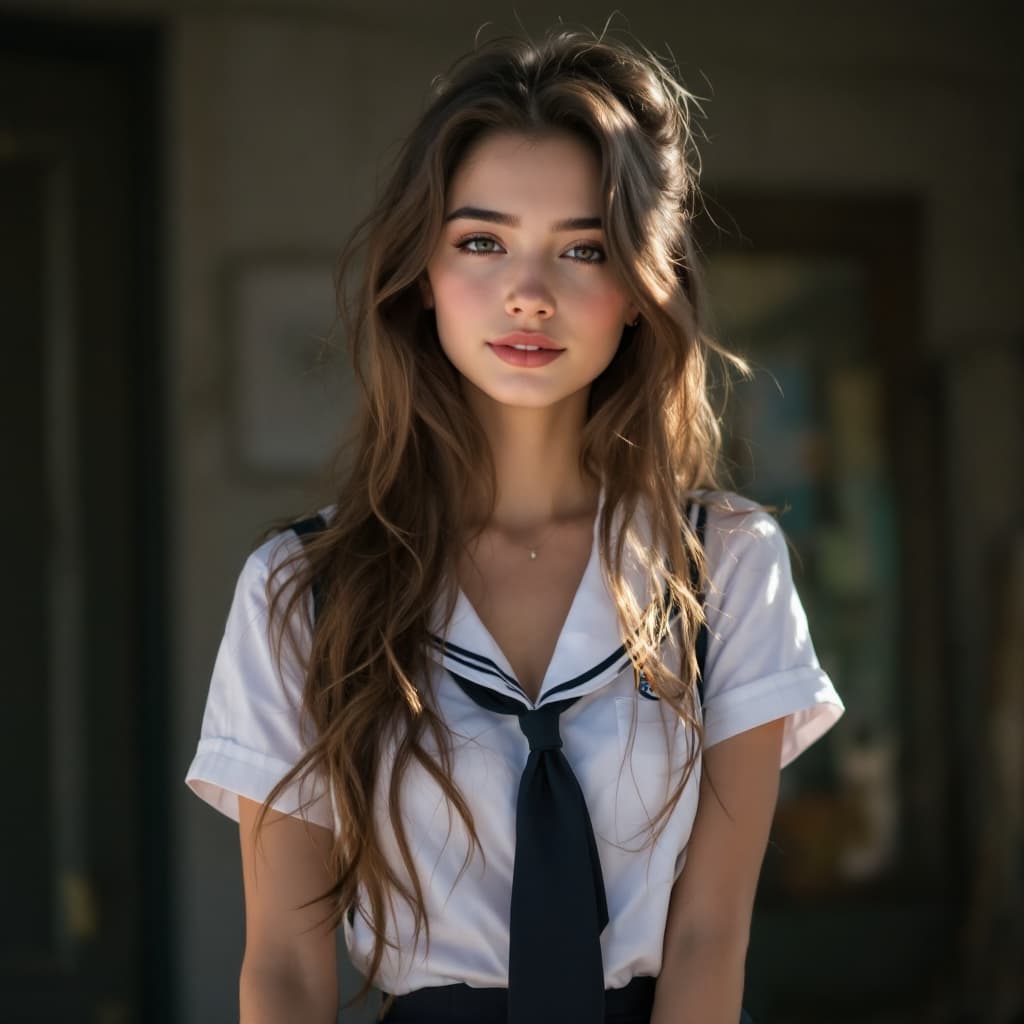 AI generated:  female,18years in school uniform, very fit body,
