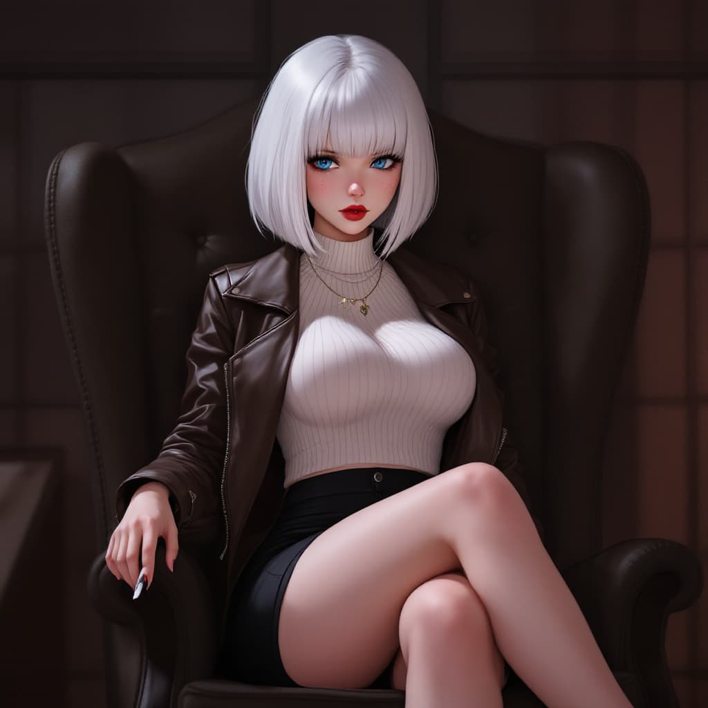 AI generated: anime, woman, white hair, bob cut, blue eyes, freckles, red lips, white sweater, tight sweater, shor...