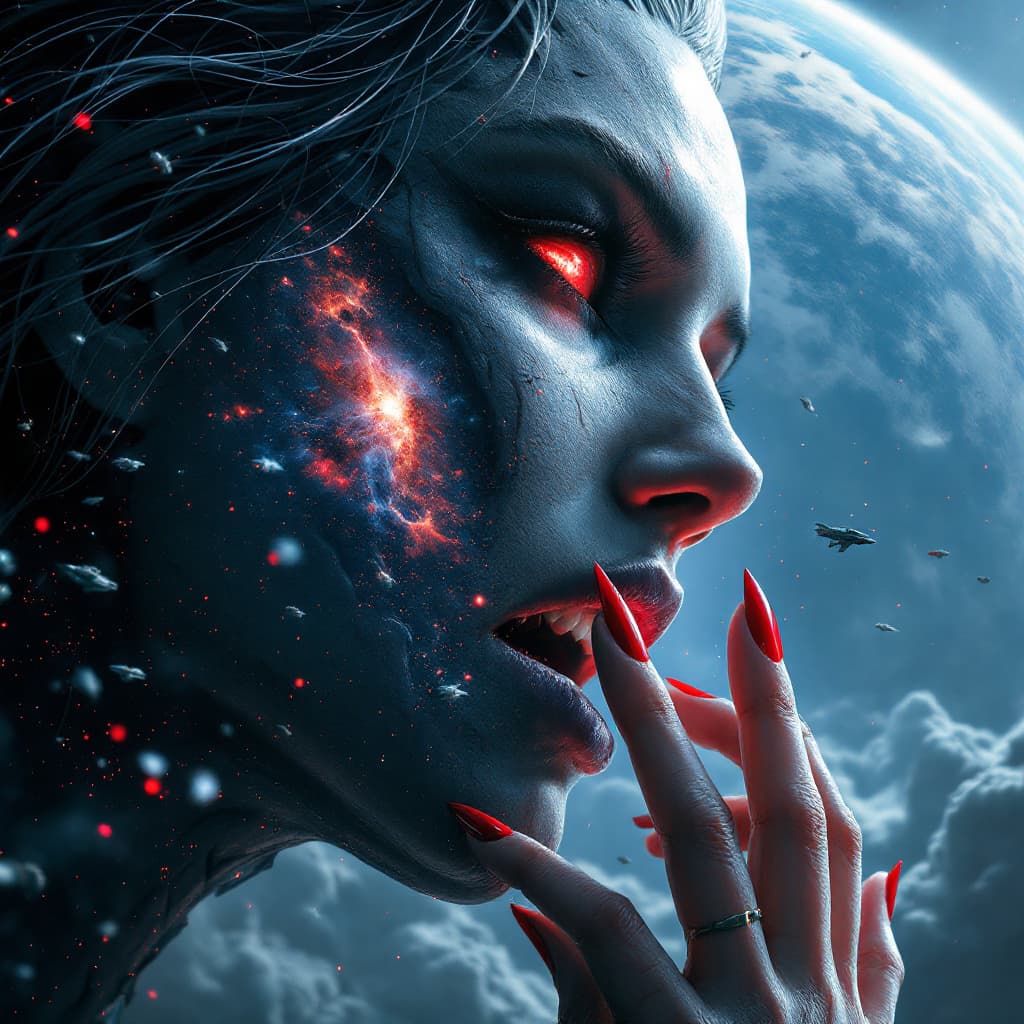 AI generated: enormous giantess V from Cyberpunk 2077
bigger than a galaxy  floating in space, minuscule galaxy in...