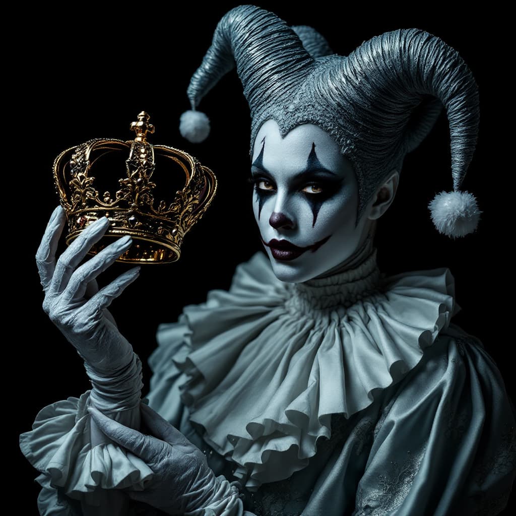AI generated: A photograph of an elegant jester holding a crown in his hand, against a black background, with text...