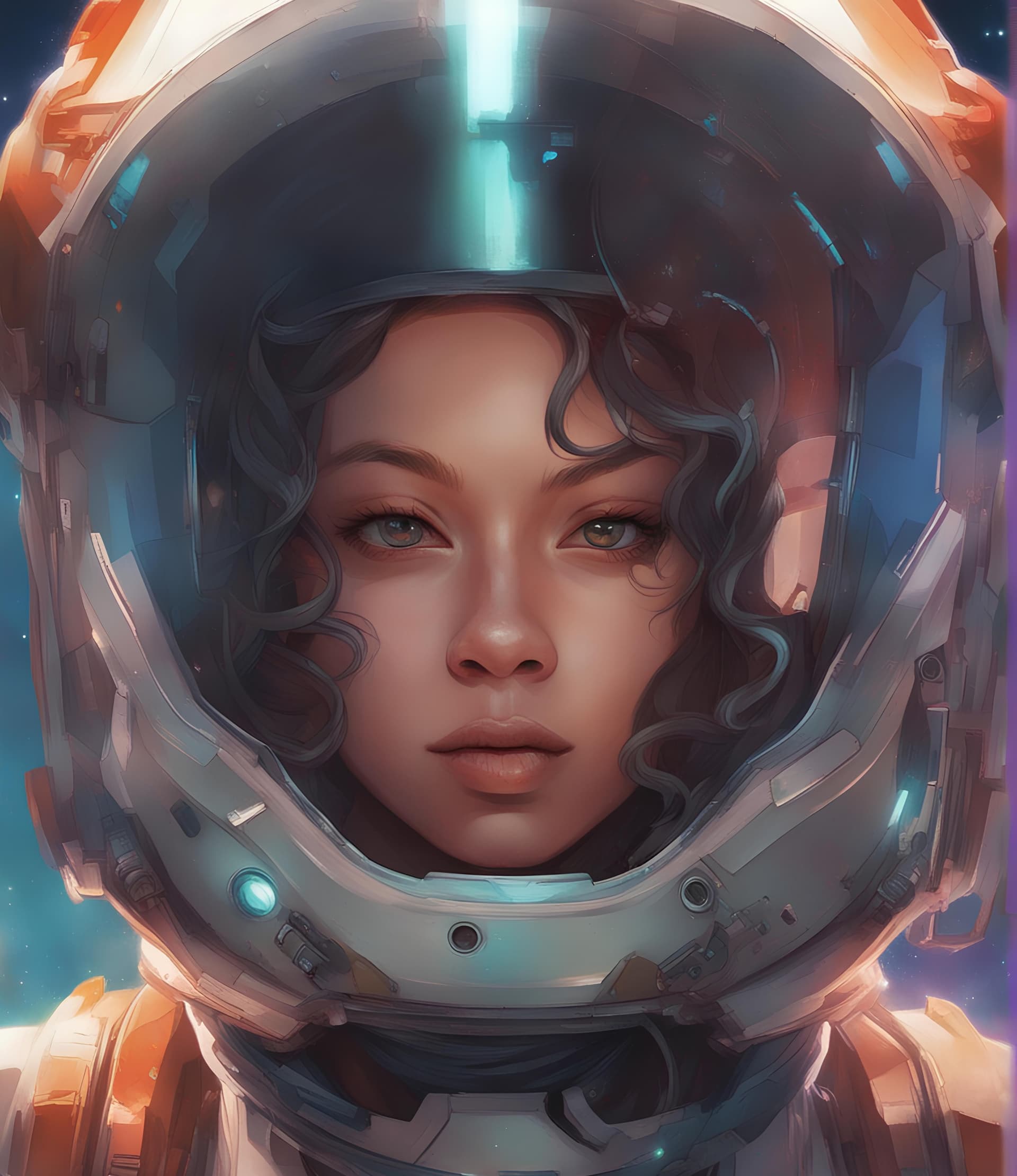 AI generated: a close up of a person in a space suit with a helmet, portrait anime space cadet girl, girl in space...