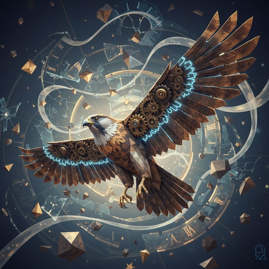 AI generated: A low-poly 3D render of a majestic falcon soaring through a surreal, abstract landscape representing...