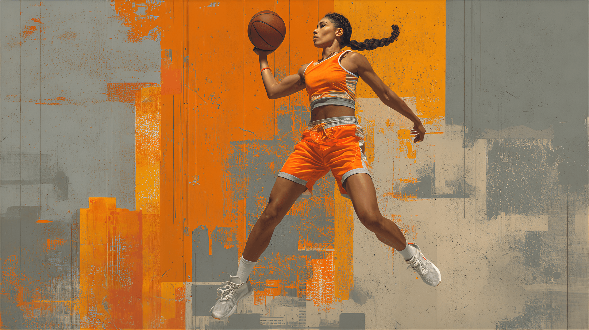 AI generated: k-skinned woman, young adult, is depicted in a dynamic basketball pose. She is wearing an orange spo...