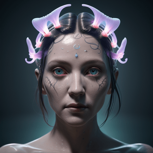AI generated: Goddess close-up portrait ribcagel. jellyfish phoenix head, nautilus, orchid, skull, betta fish, bio...