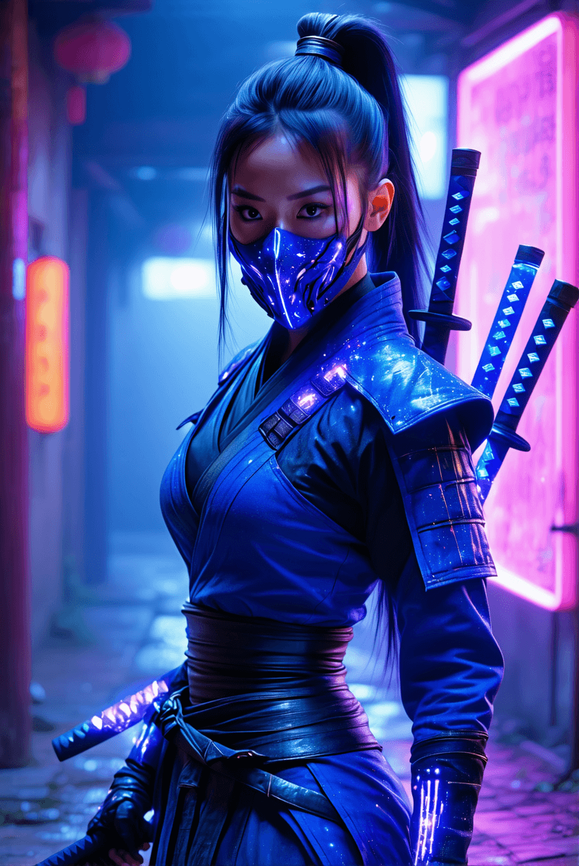 AI generated: Ultra high detail, hyper-realistic close-up portrait of Kitana from Mortal Kombat with a cyberpunk t...