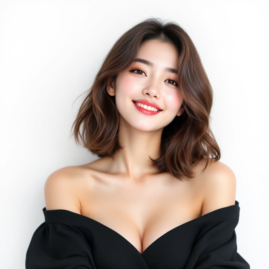 AI generated: Photo of a beautiful Japanese woman wearing a black off-the-shoulder top with a cute hairstyle again...