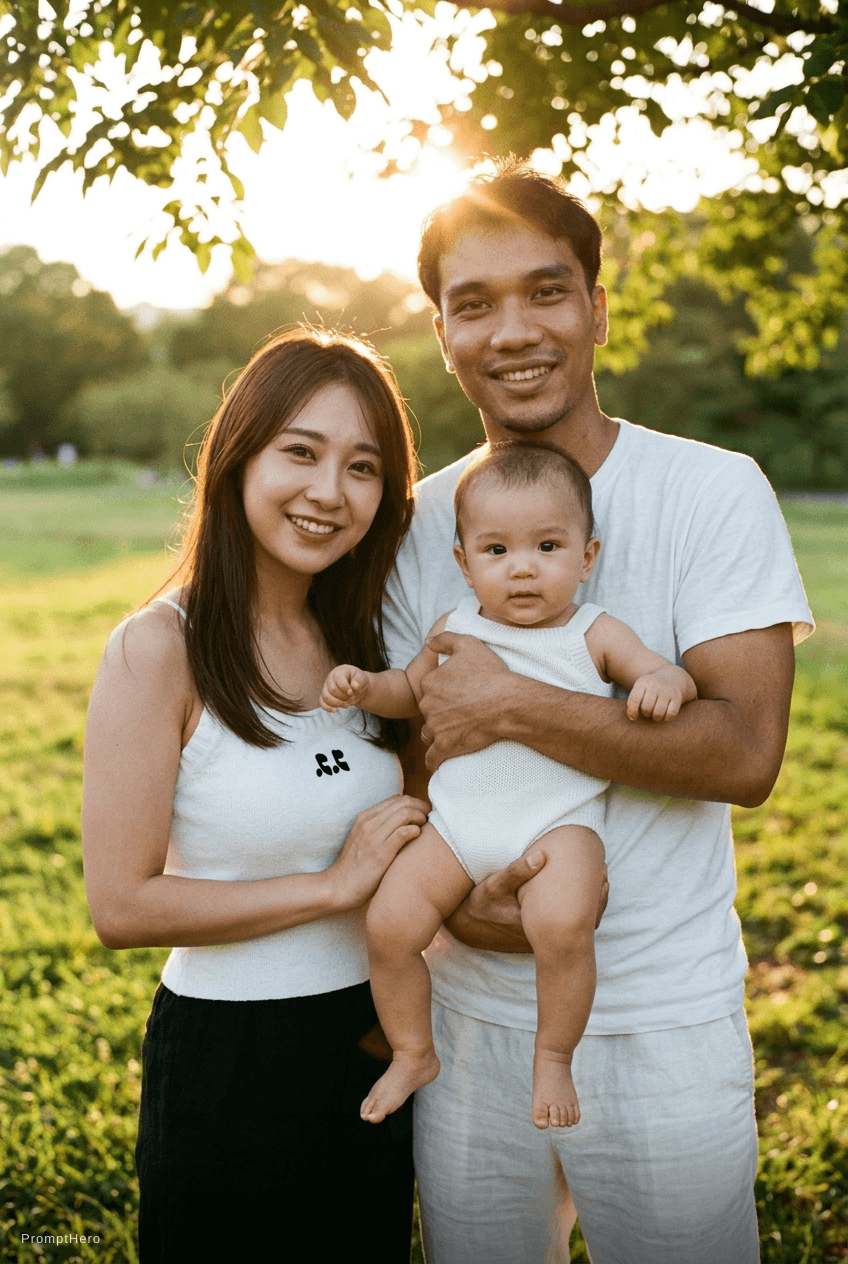 AI generated: Family portrait with baby in white, ultra realistic hyper realistic photo realistic flim grain, woma...