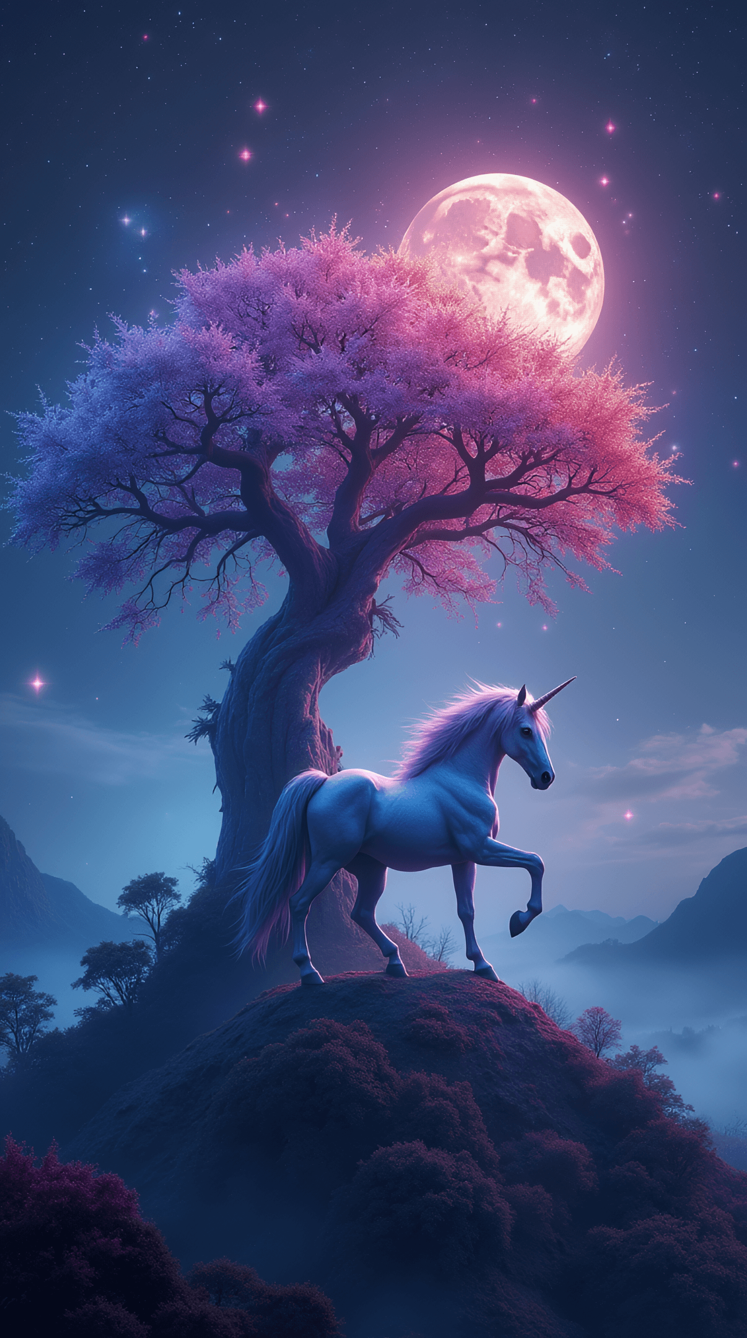 AI generated: A mystique  place on a Hill with a very colourful ghostly glowing  tree,,misty,fireflies, nebulas,bi...