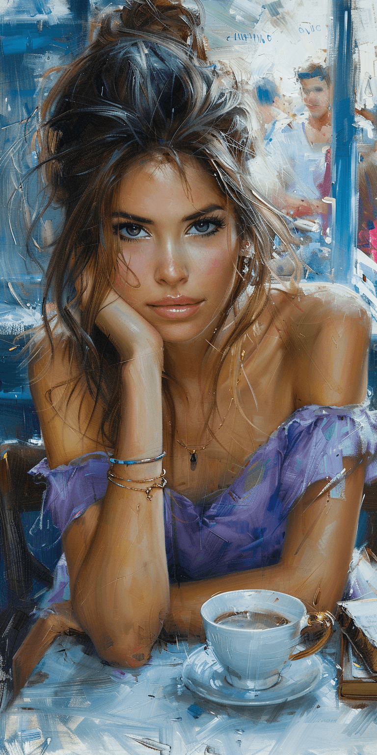 AI generated: oil painting of a beautiful woman in a purple dress, at a cafe table, her head resting on her right ...