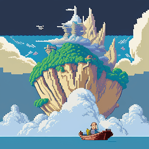 AI generated: 
16 bit pixel art, epic composition of a explorer in a boat reaching an island in the clouds, by stu...