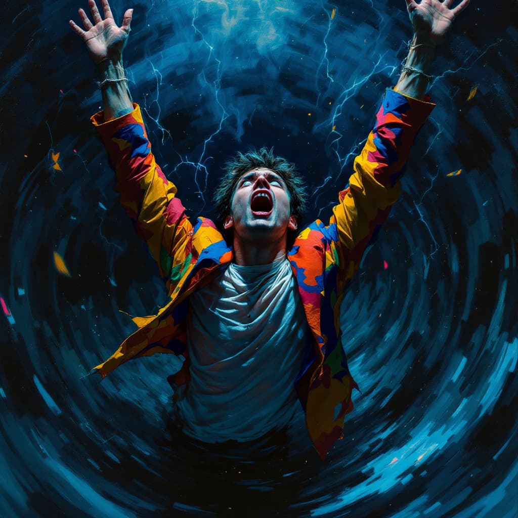 AI generated: A brightly dressed, fragile young man falling backwards into an endless dark void, expression filled...