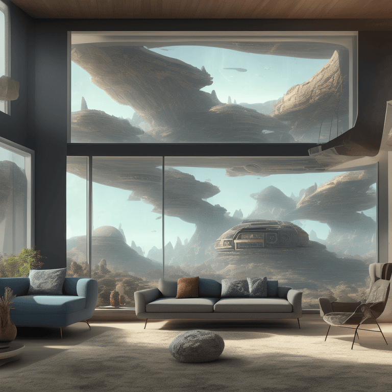 AI generated: modern living room with windows, martian surface view outside, fantasy, digital art, photo, best qua...