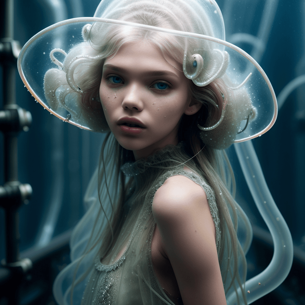 AI generated: metalic , by Ernesto Neto closeup fashion photography, a girl sasha luss sci-fi nostalgic fashion je...