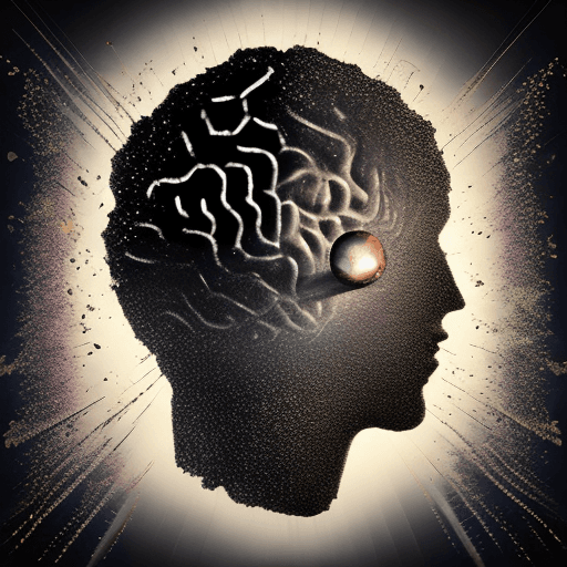 AI generated: pitch black background, concept art of [a silhouette outline of the brain : half shattered reality, ...