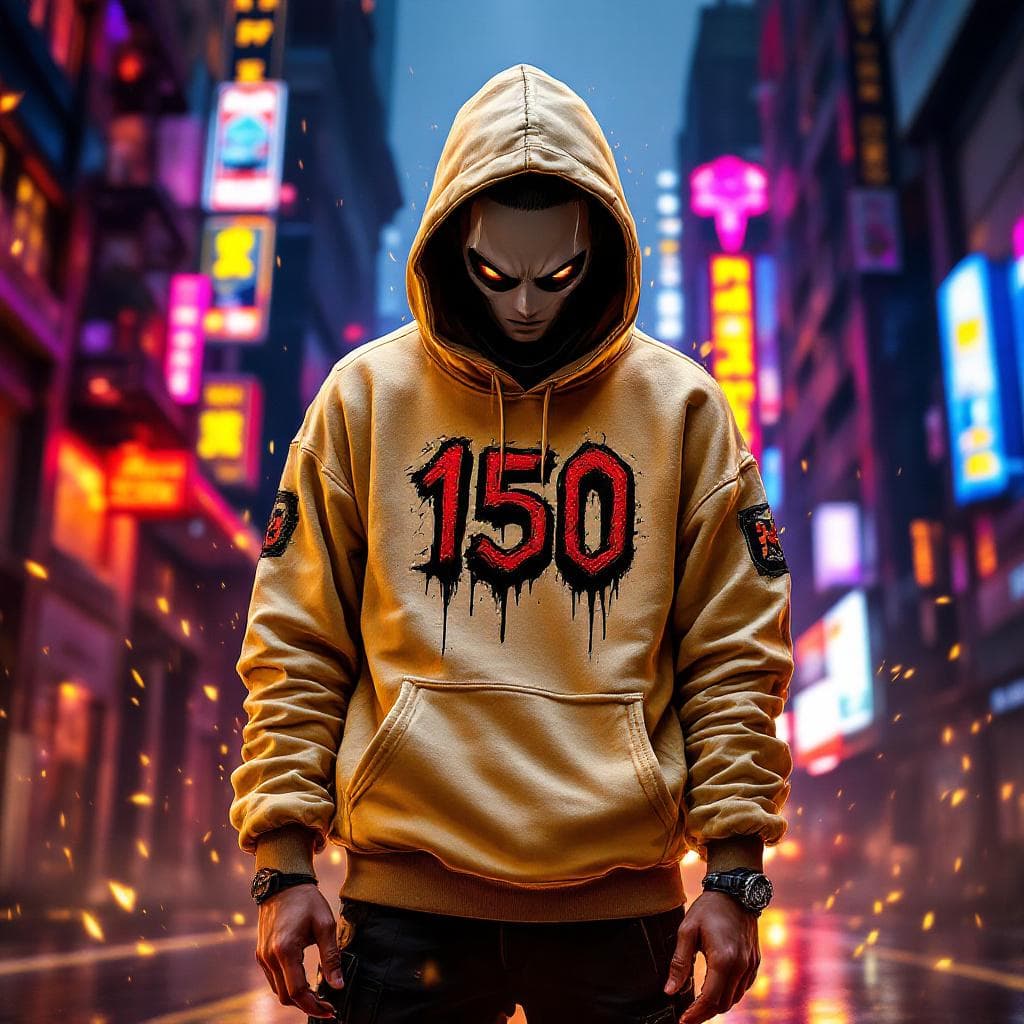 AI generated: cyberpunk GTA, DRAGON BALL GT BROLY  CHARACTER,  WEARING A SWEATER  WITH THE TEXT  "150" WITH death ...