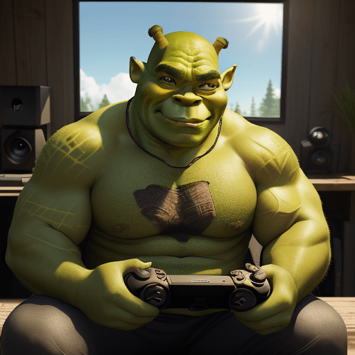 AI generated: a professional photography of a tall, muscular shrek wearing a shirt with the xbox logo and playing ...