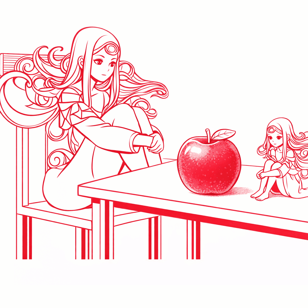 AI generated: Fielmente igual a imagem a personagem Mulher pequena sentada sobre a mesa é apresentada com um uma m...