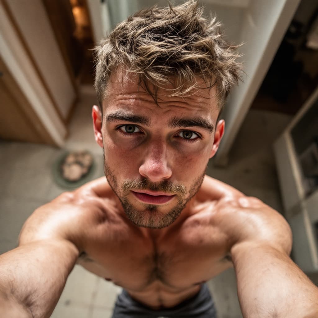 AI generated: 18 year old male, selfie, shot from above, Caucasian, short brown hair, muscular, without clothes, l...