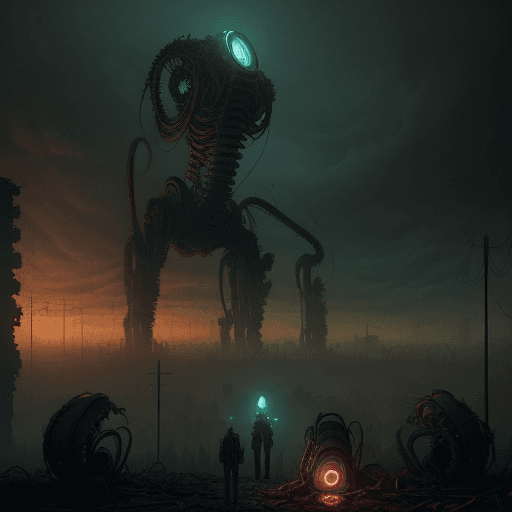 AI generated: imon Stålenhag Influence: In a post-apocalyptic landscape, a giant, biomechanical creature stands am...
