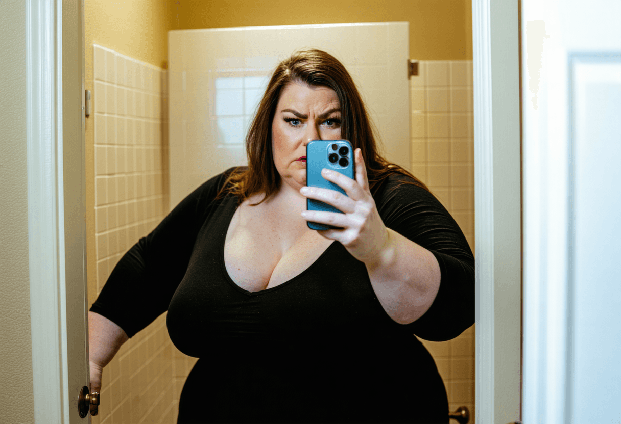 AI generated: mediocre iphone selfie of a disgustingly obese woman in her office's bathroom