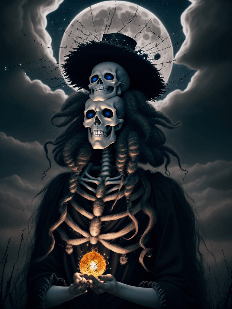 AI generated: arcane skeleton summoning ancient spirits, hair made entirely of cobweb fibers, fiery deep eyes, bea...