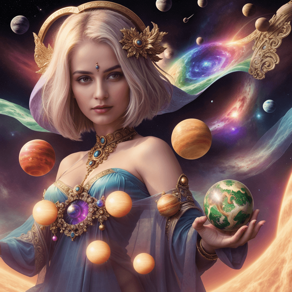AI generated: ((the goddess in control of the planets)), superhuman being, omnipotent, in light form, rainbow-colo...