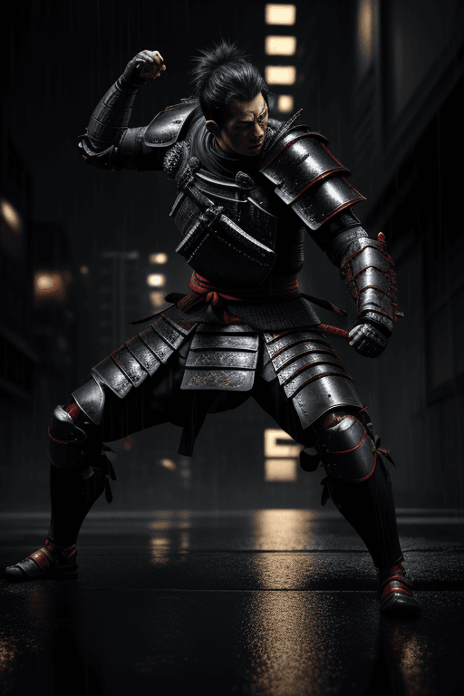 AI generated: Male fighter character with samurai armor, dark rainy city, dynamic pose, action scene, steel lighti...