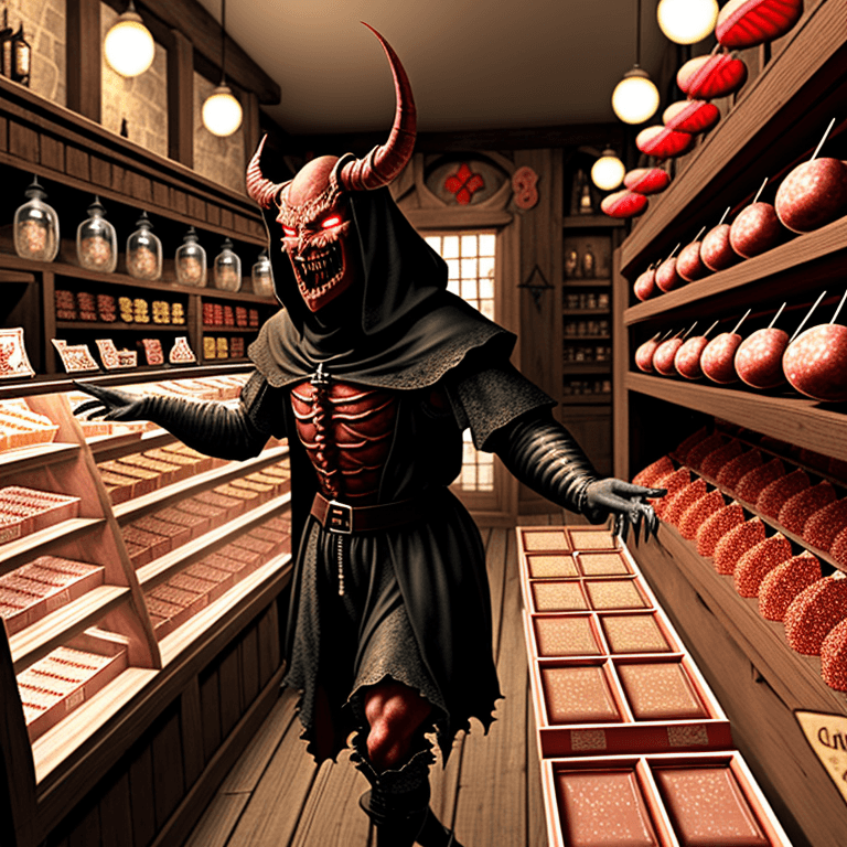 AI generated: A demon visits a medieval candy shop