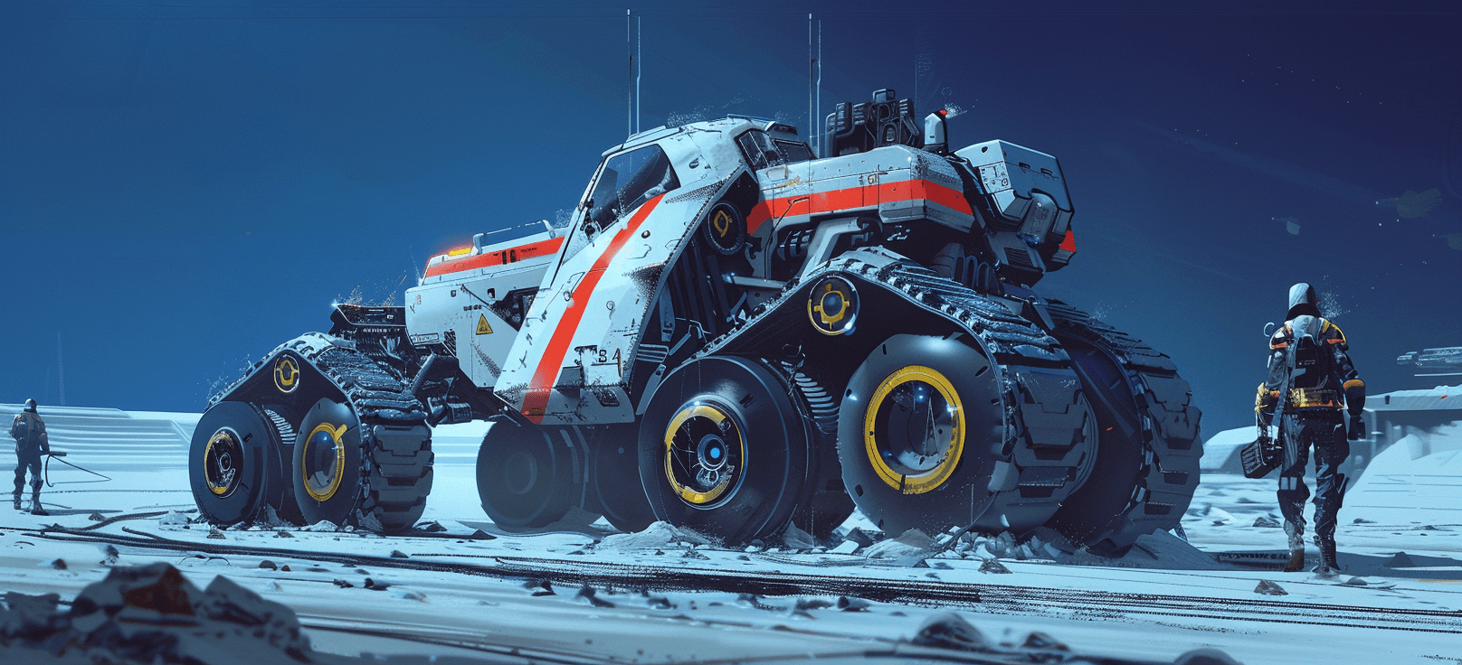 AI generated: concept art of an electric futuristic tractor with robotic arms and wheels, white bodywork with red ...