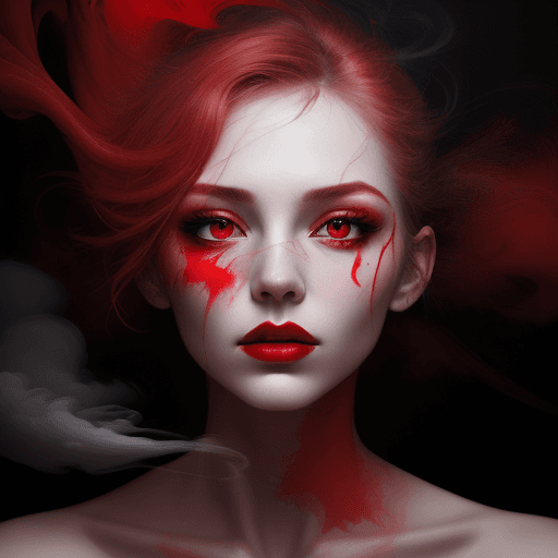 AI generated: portrait of a woman covered in cloud of smoke, whirlwind, red highlight colors, red make-up, hints o...