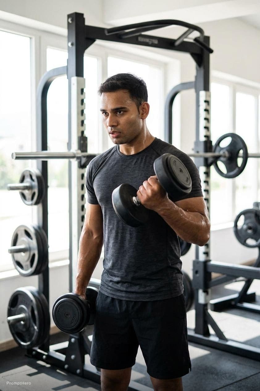 AI generated: A 29-year-old Croatian man in a modern gym setting, engaged in an intense workout. He has an athleti...