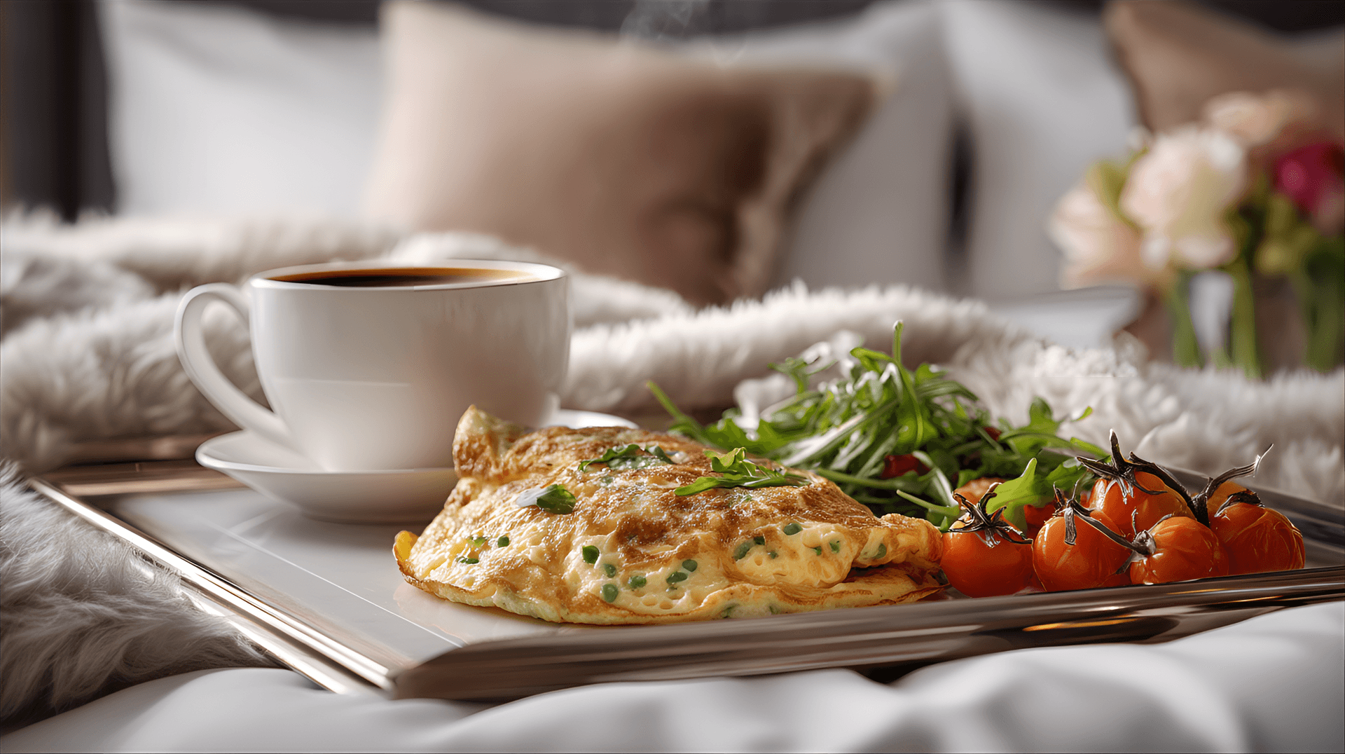 AI generated: 
stunning food photography of an An elegant breakfast in bed scene, with a tray holding a fluffy om...