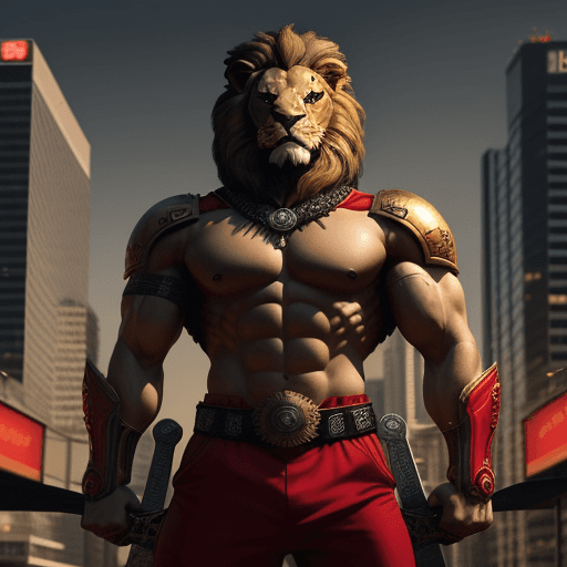 AI generated: The image features a large, muscular lion nombre caracas with a sword in its hand, standing in a cit...