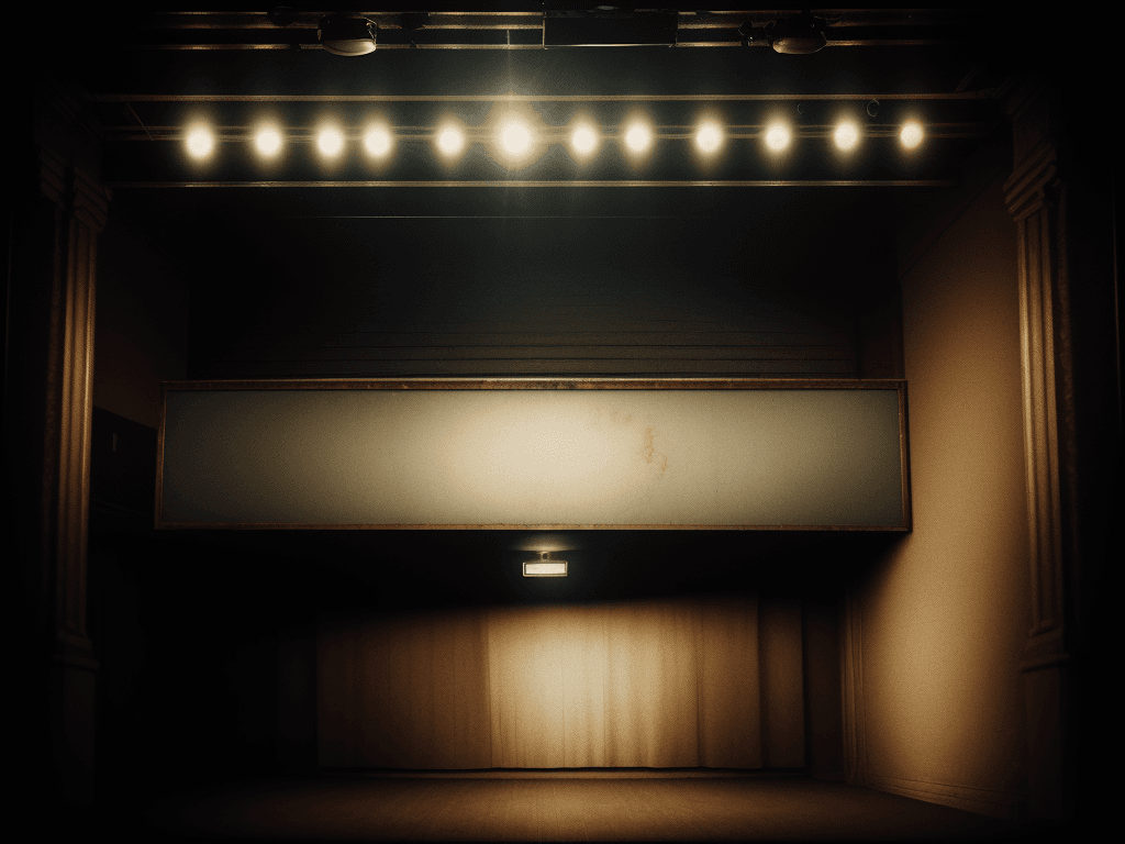 AI generated: a white sign standing on a small old theater stage, cinematic light