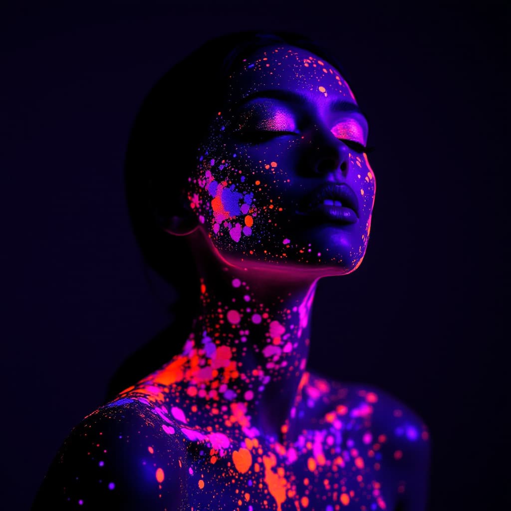 AI generated: full body ighlyy detailed portrait of a woman with her face and upper body covered in splashes of ne...