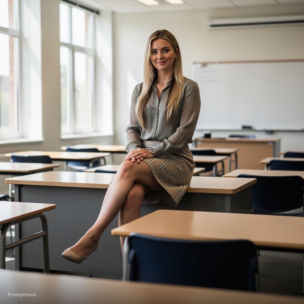 AI generated: Generate (photorealistic image:1.99).
different pose. photograph of a college classroom, woman, sexy...