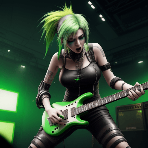AI generated: High resolution, cyberpunk, female, rock star, electric guitar, colorful green hair, singing, concer...