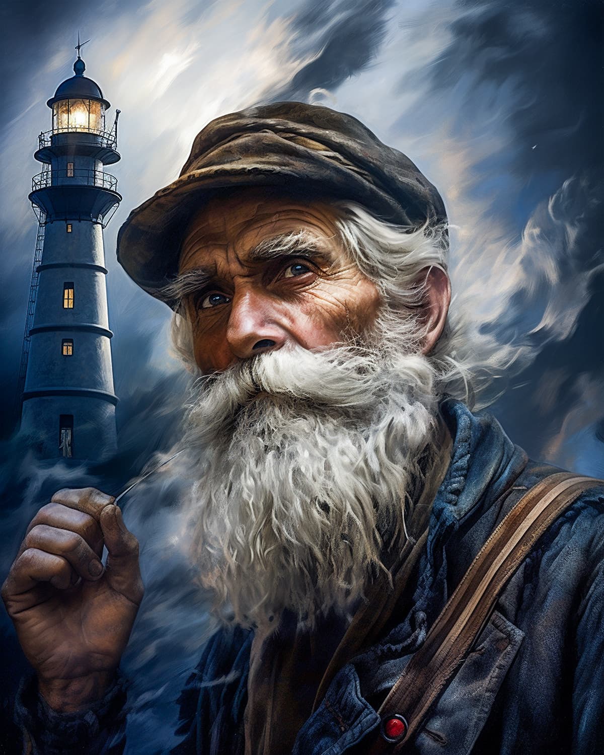 AI generated: A poster of an old sailor with white hair and a beard, wearing his captain's hat while smoking on th...