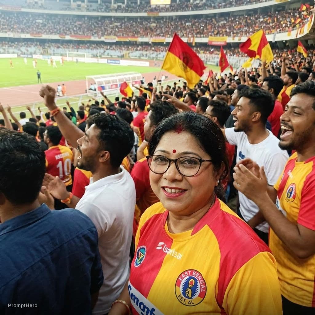 AI generated: change the scenario, put her in a crowd with a football team 'East Bengal' shirt watching a match......