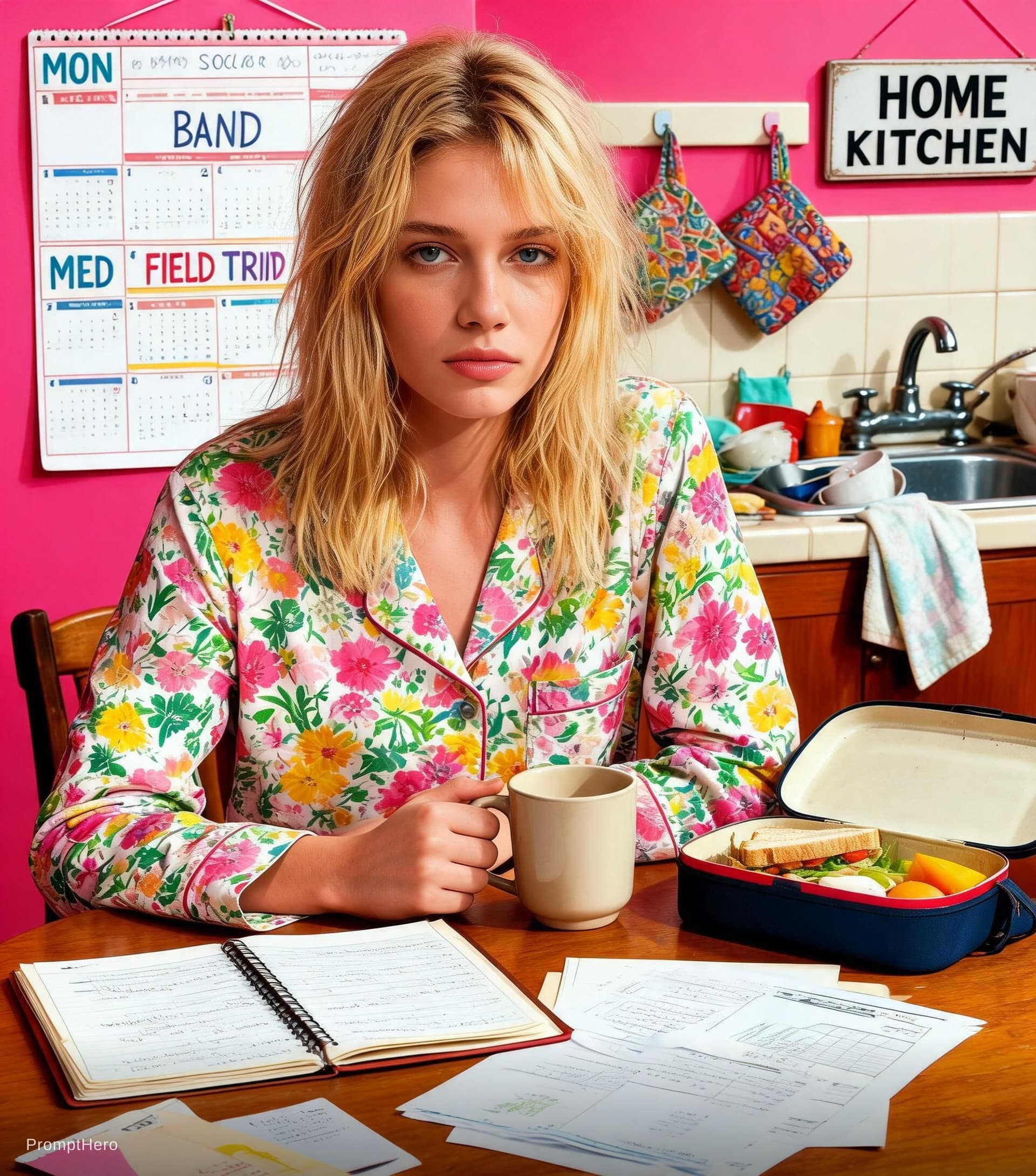 AI generated: A softly tired but warm 1960s inspired single blond mom at a colorful breakfast table in an eclectic...