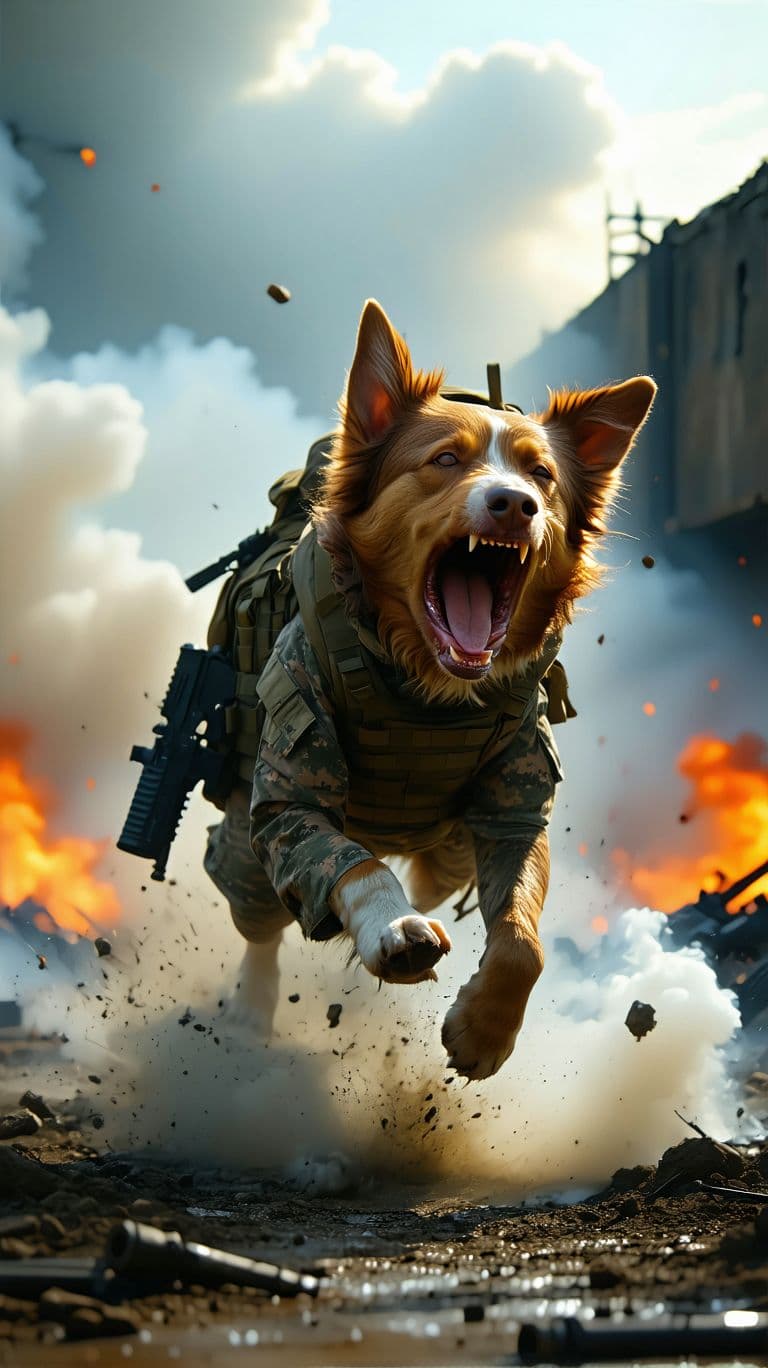 AI generated: a stray dog in army gear bites a soldier's leg, the soldier screams, the atmosphere of the battlefie...