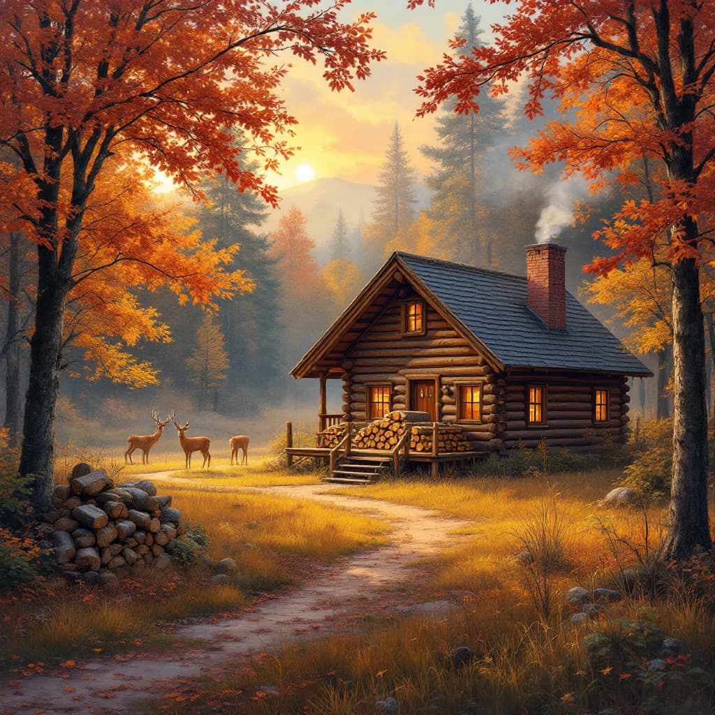 AI generated: Nestled deep within the enchanting autumn woods, a cozy log cabin stands with smoke gently curling f...