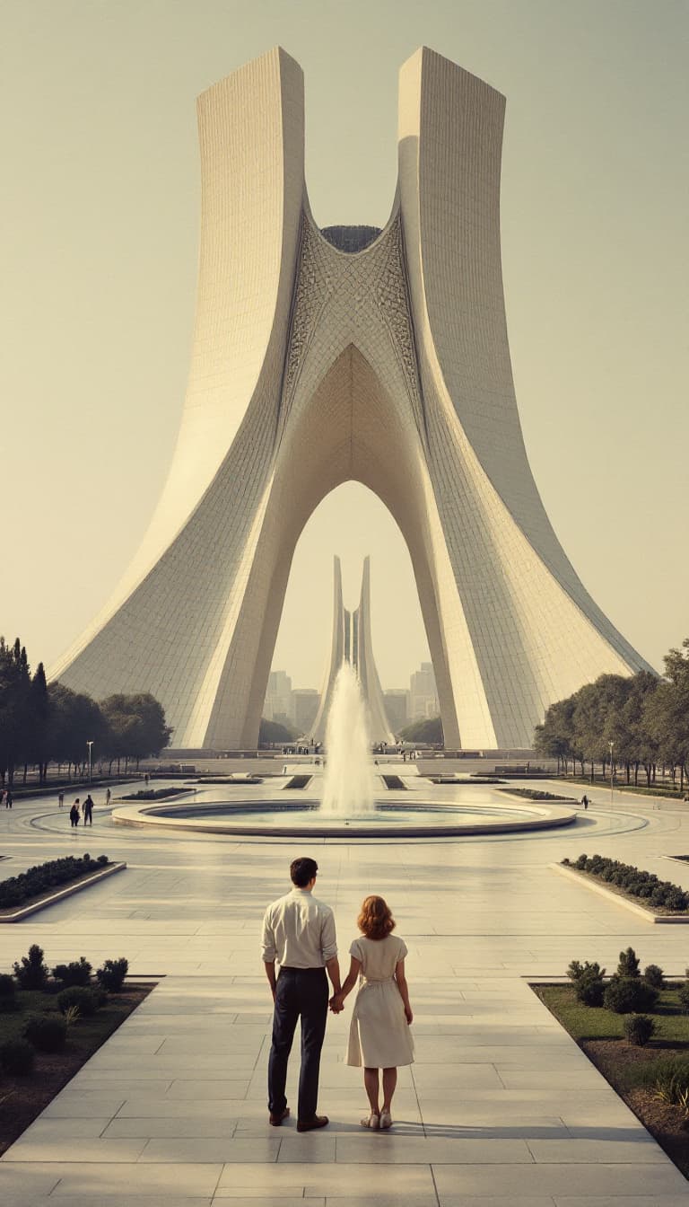 AI generated: A young couple from the 1950s stands in Tehran’s iconic **Azadi Square (formerly Shahyad Square)**, ...