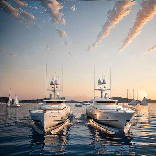 AI generated: 2 two white yachts in St. Tropez sunrise, One yacht has painted title: WORK HARD, another yacht has ...