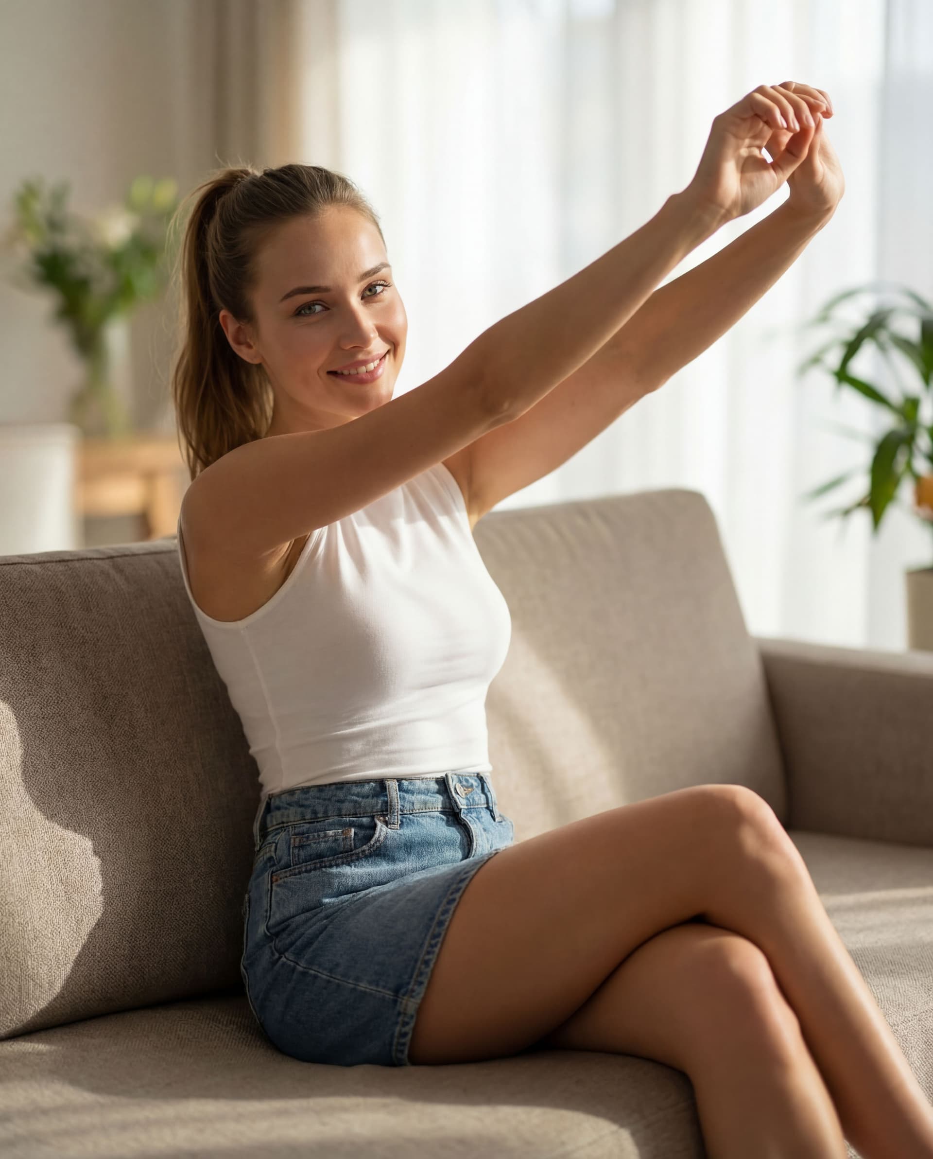 AI generated: The uploaded Woman in a short MINI skirt and a WHITE LANCED sleeveless tight t-shirt sitting with on...