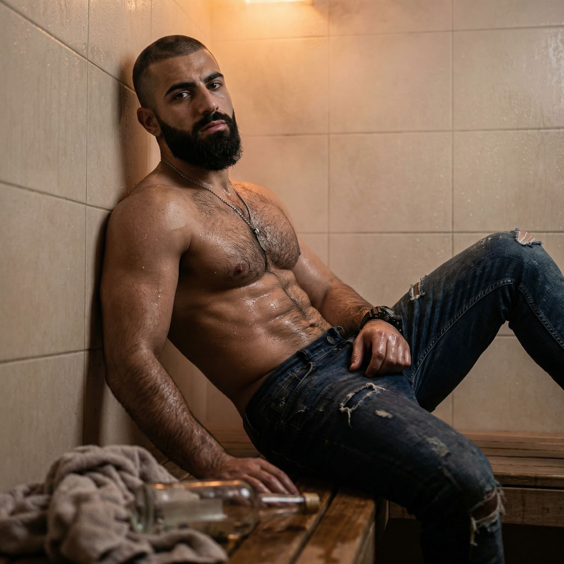 AI generated: Un jeune homme musclé et viril, style méditerranéen ou arabe, la vingtaine avancée, torse nu, assis ...