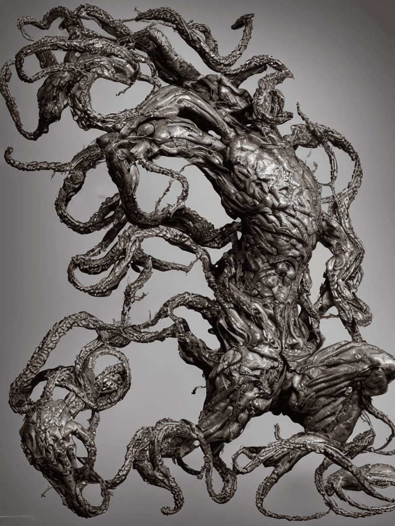 AI generated: Long shot full body medusa, The skin was stretched all over the body. It had chicken legs and iron w...