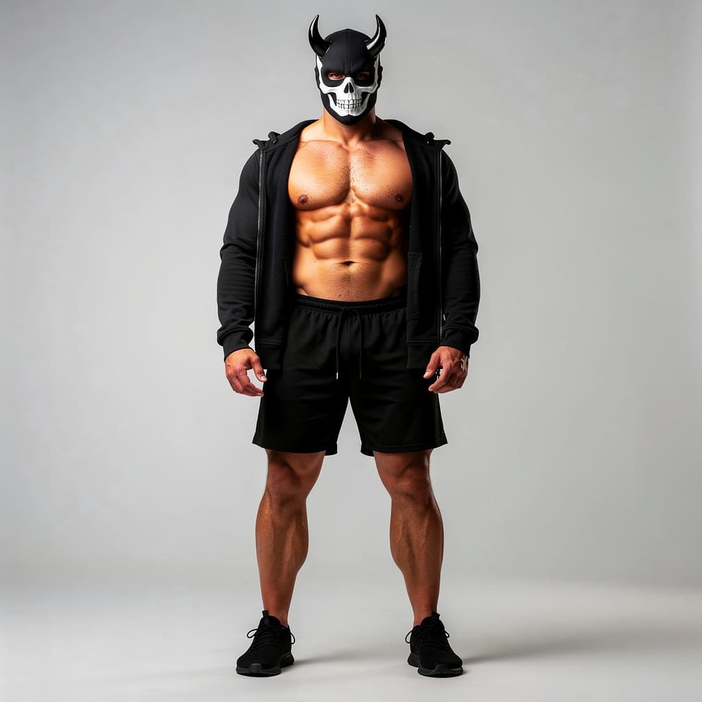 AI generated: A big muscular man wearing black short shorts and a black fully unzipped jacket with a hood that has...